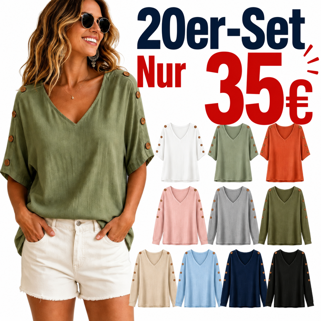 ⏰Räumungsverkauf⚡10er-Pack für 28 €⚡ Damenbluse mit V-Ausschnitt und Knopfärmeln