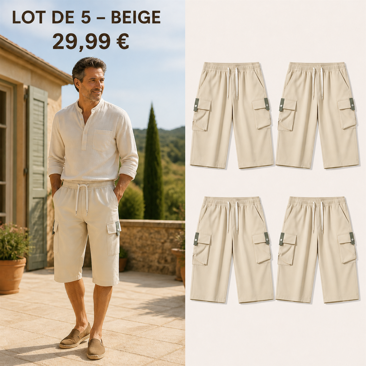 OFFRE FINALE - Lot de 10 a seulement 39,99 € - Pantacourt cargo homme a taille elastiquee et cordon