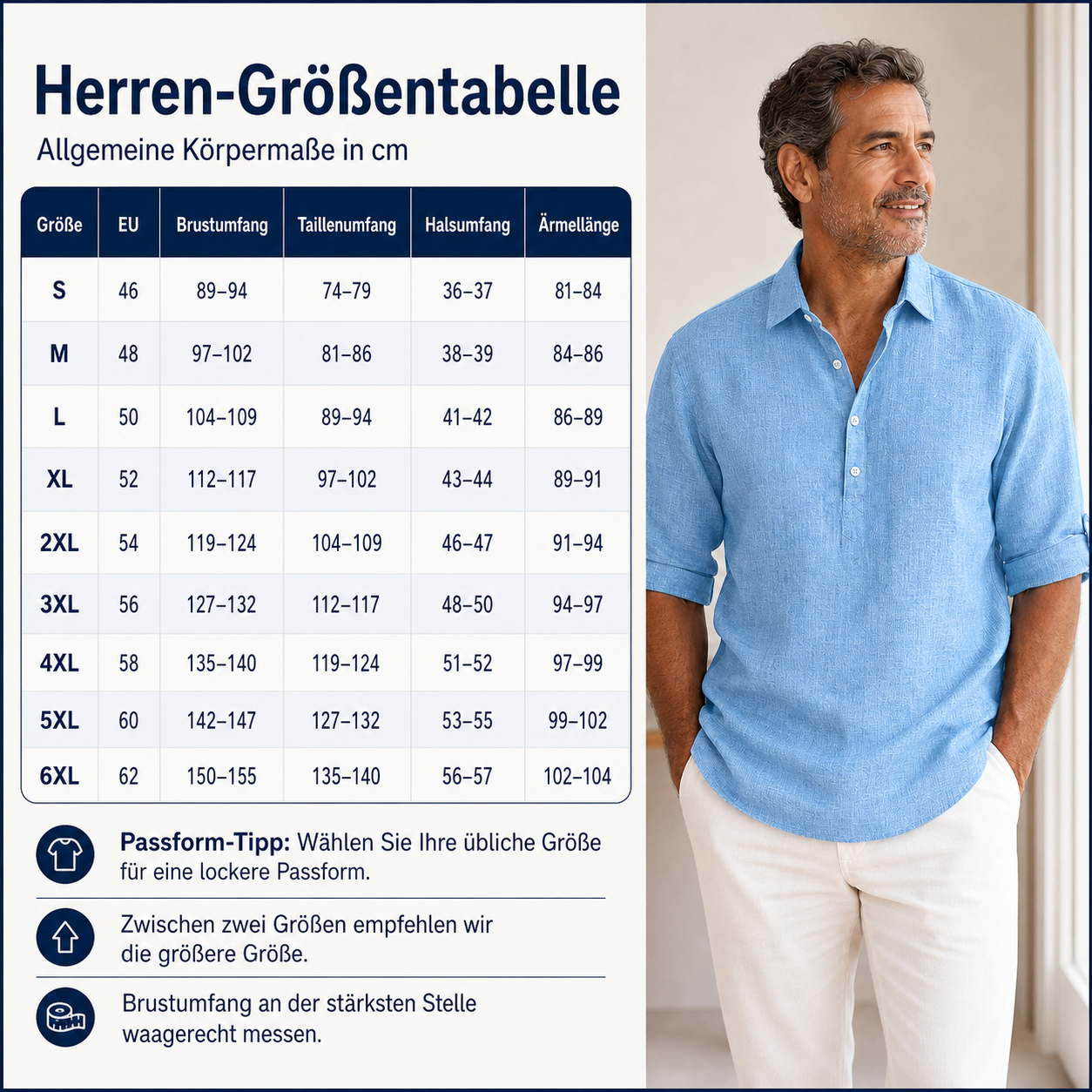 Europ&auml;ische Herren-Gr&ouml;&szlig;entabelle mit Hemd als Referenz