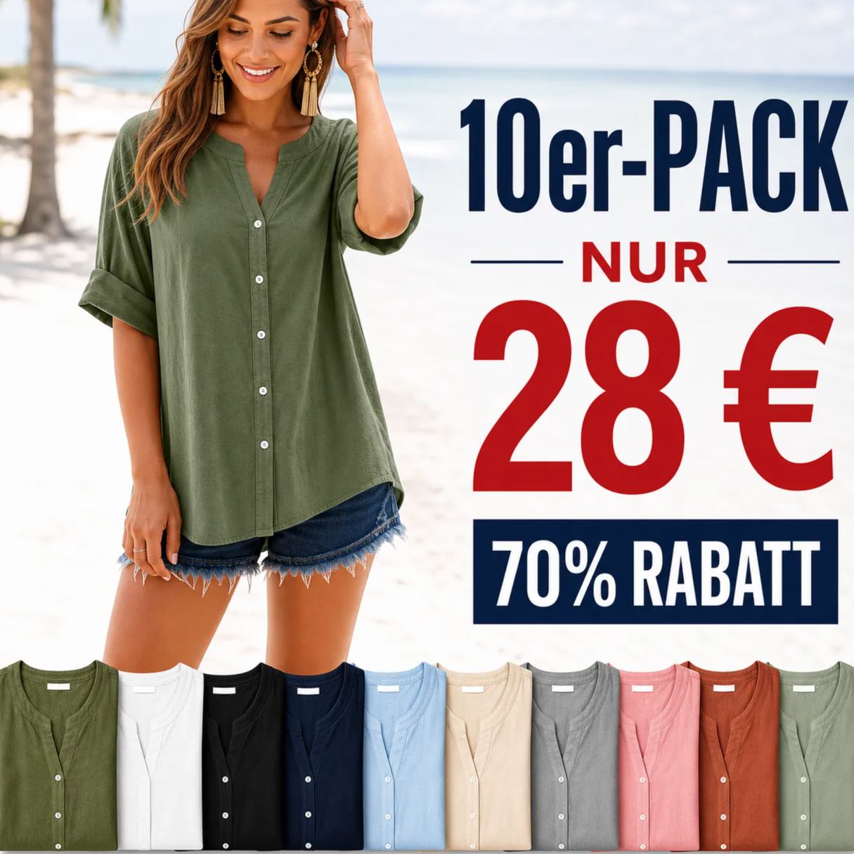 ⏰ Räumungsverkauf ⚡10er-Pack für 28 €⚡ Lockere Damen-Henley-Bluse