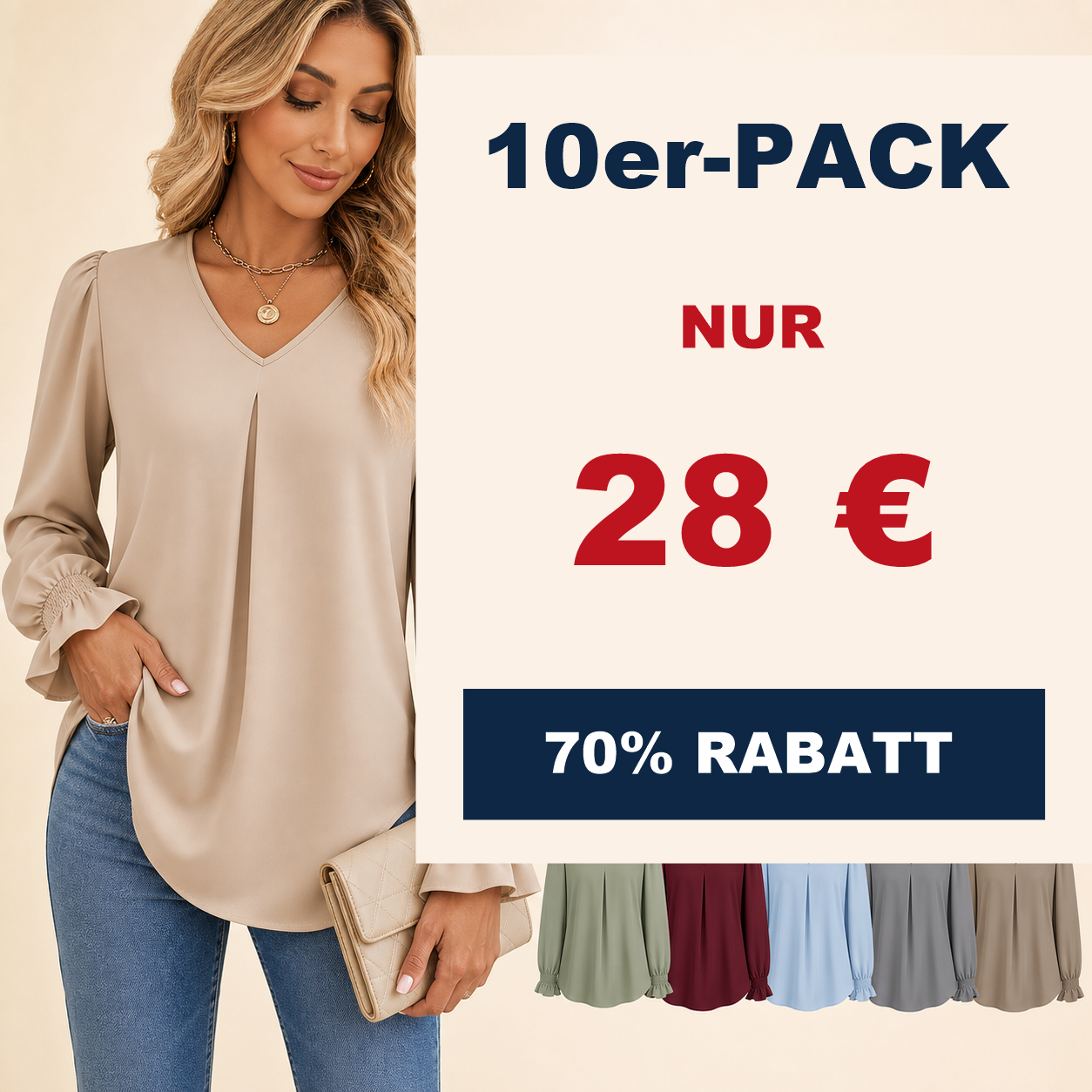 ⏰Räumungsverkauf⚡10er-Pack für 28 €⚡ Damenbluse mit V-Ausschnitt und Plisseeärmeln