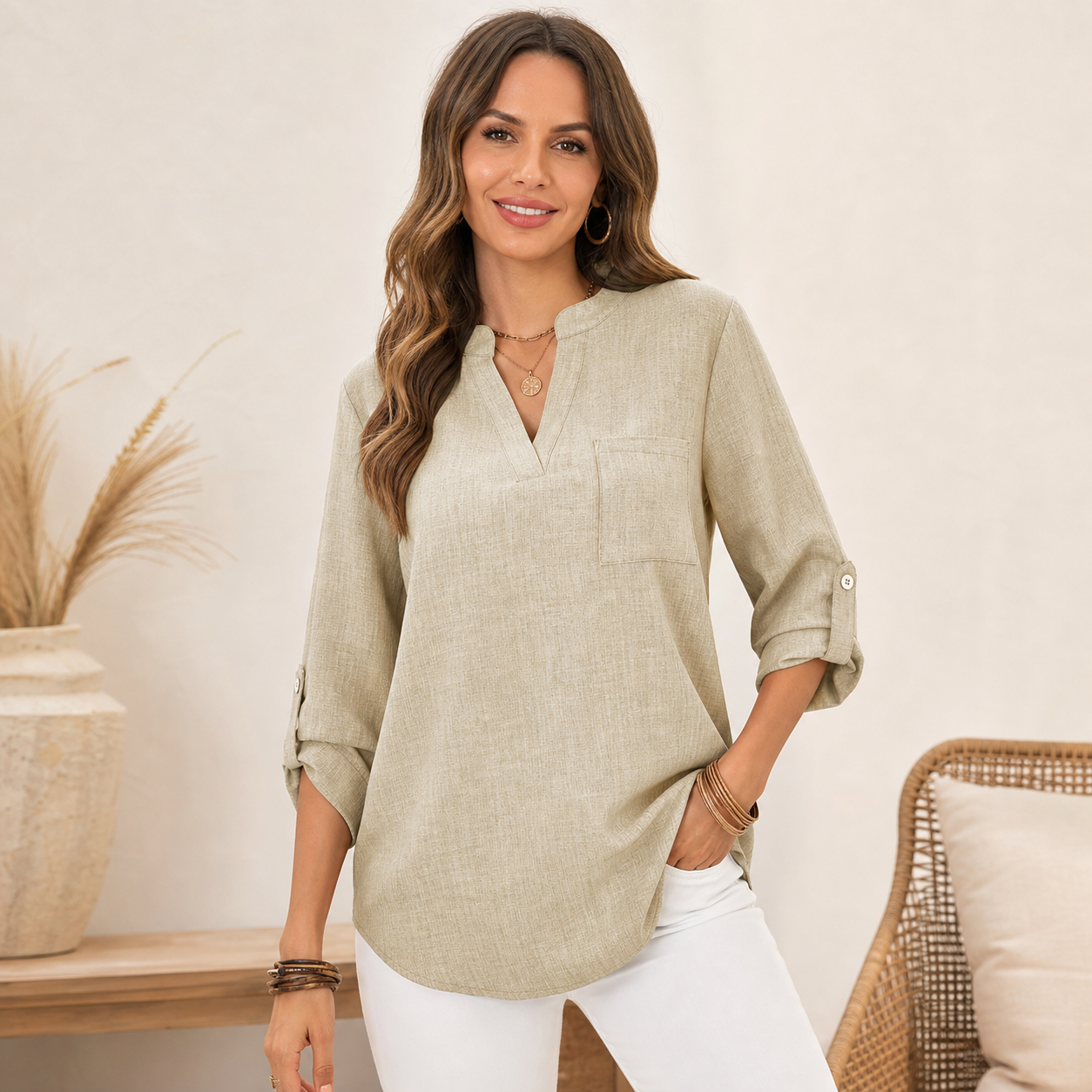 Beige women's linen-look split neck blouse