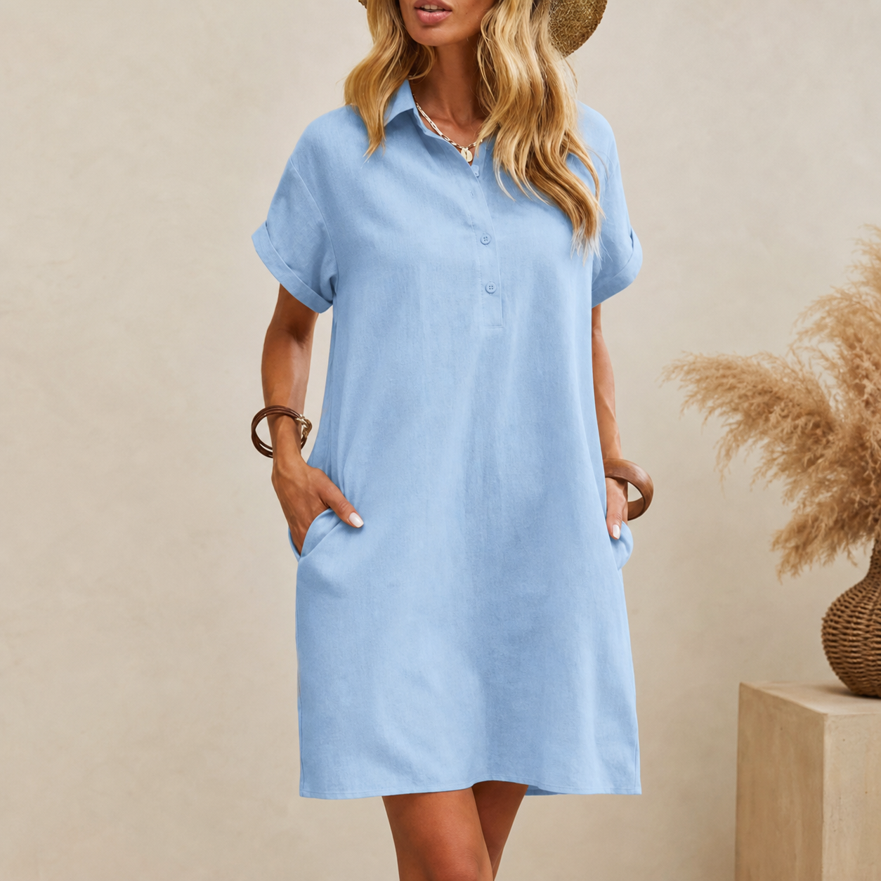 Ladenschluss-Raeumungsverkauf | 10er Pack fuer €28 | Damen Kurzarm-Hemdblusenkleid mit Taschen