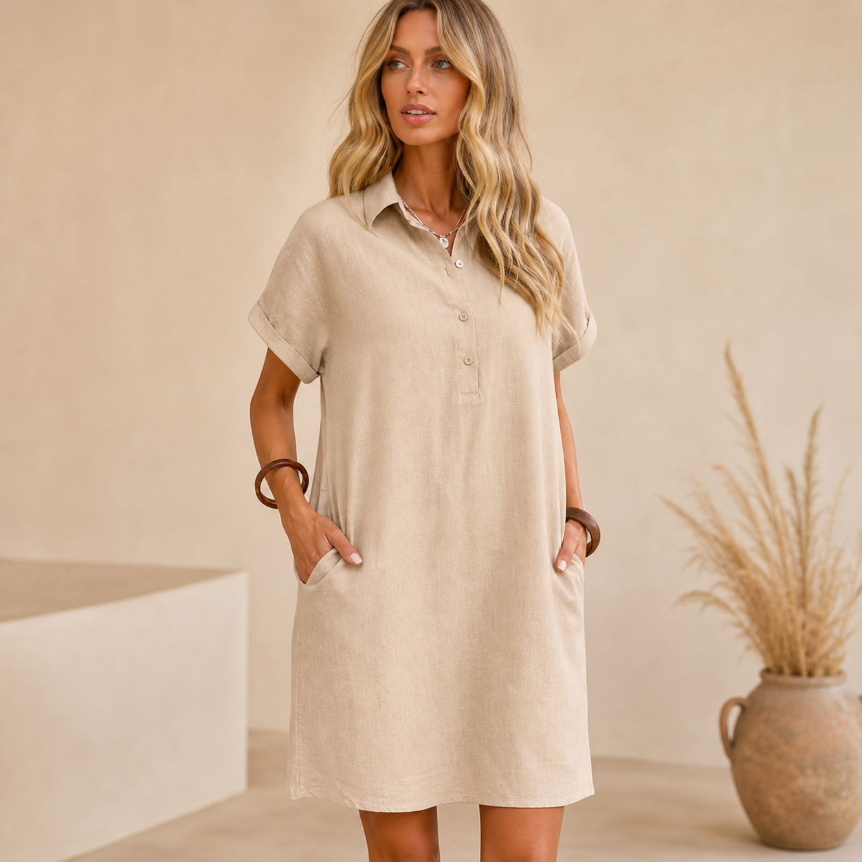 Ladenschluss-Raeumungsverkauf | 10er Pack fuer €28 | Damen Kurzarm-Hemdblusenkleid mit Taschen