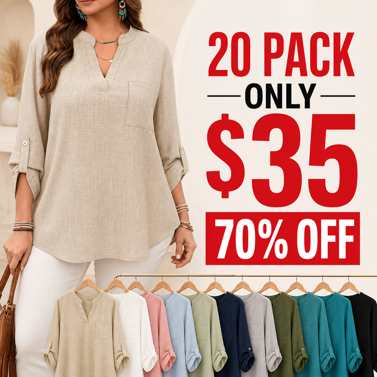 20 pack only 35 dollars women's linen-look split neck blouse