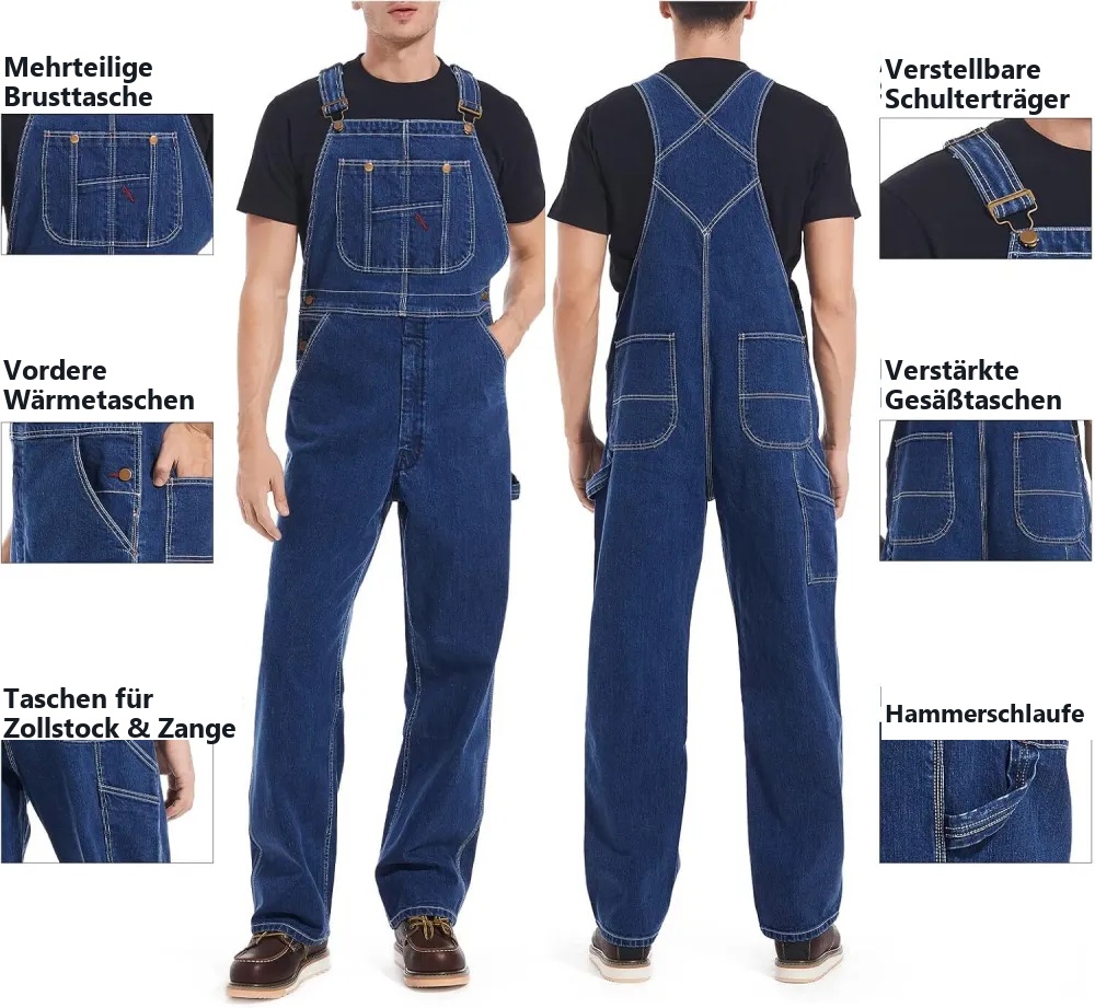 🔥 Letzter Angebotstag 🔥 Herren-Jeans-Latzhose mit verstellbaren Trägern und praktischen Werkzeugtaschen