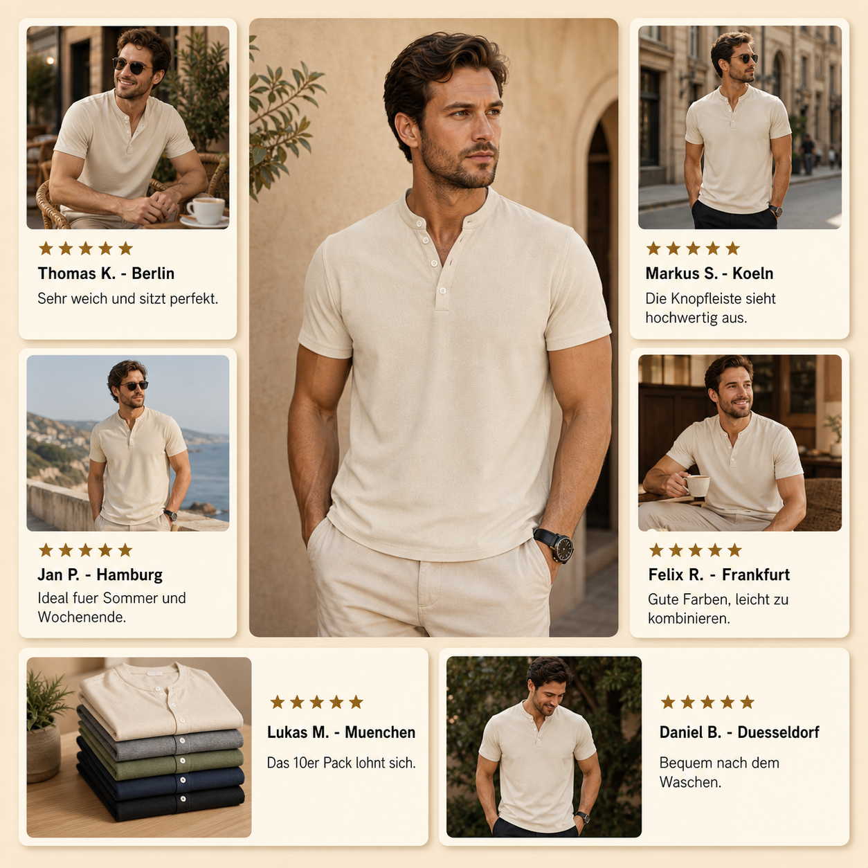 ⏰ Räumungsverkauf ⚡ 10er-Pack nur 28 € ⚡ Herren Henley Kurzarmshirts