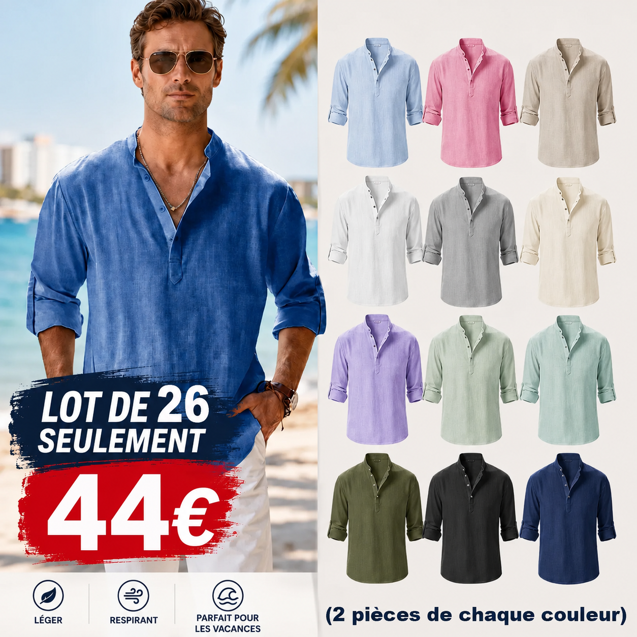 ⏰ Lot de 26 à seulement 44 € 👔 Chemise homme en coton et lin