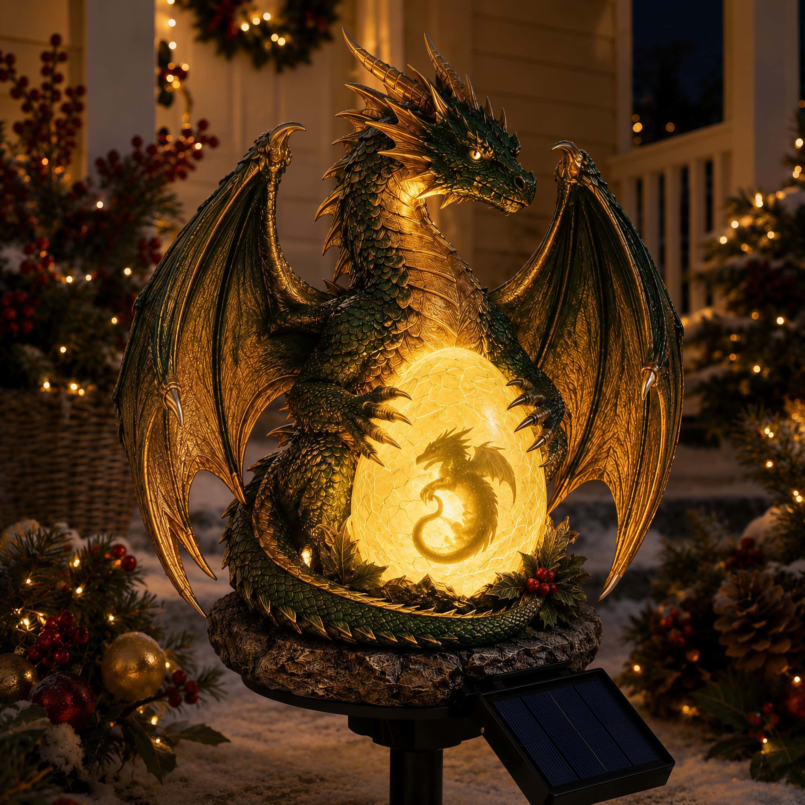 Emerald Guardian Dragon Solar Garden Light, LED Dragon Statue Outdoor Yard Patio Decor, Waterproof Fantasy Garden Ornament, Gift for Dragon Lovers
