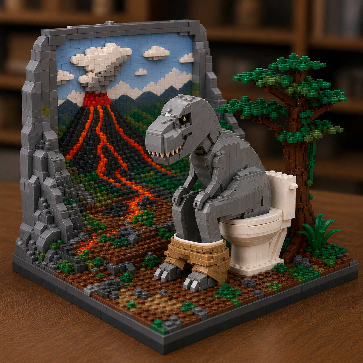 🚽 Jurassic Throne: Volcano Escape T-Rex Building Block Diorama
