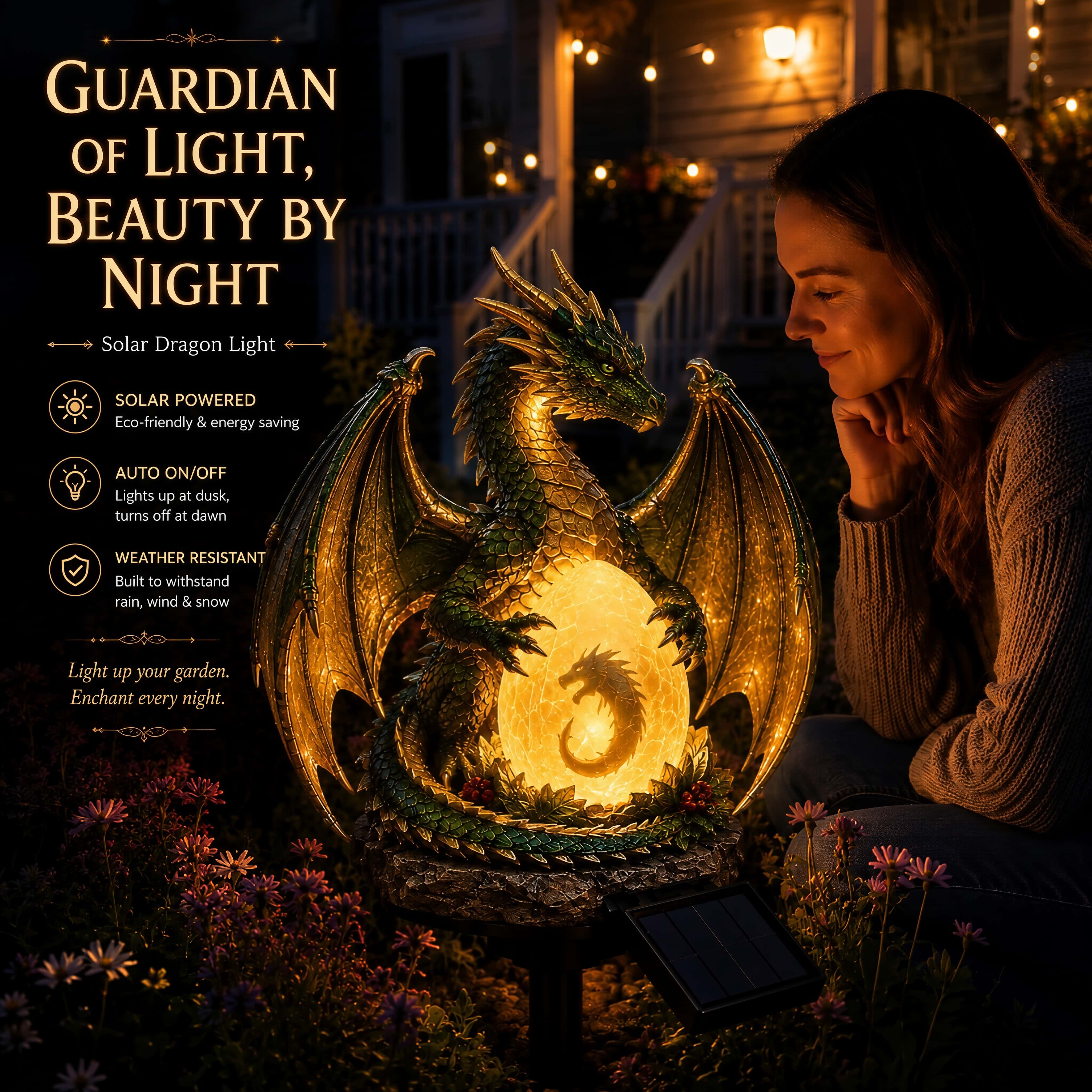 Emerald Guardian Dragon Solar Garden Light, LED Dragon Statue Outdoor Yard Patio Decor, Waterproof Fantasy Garden Ornament, Gift for Dragon Lovers
