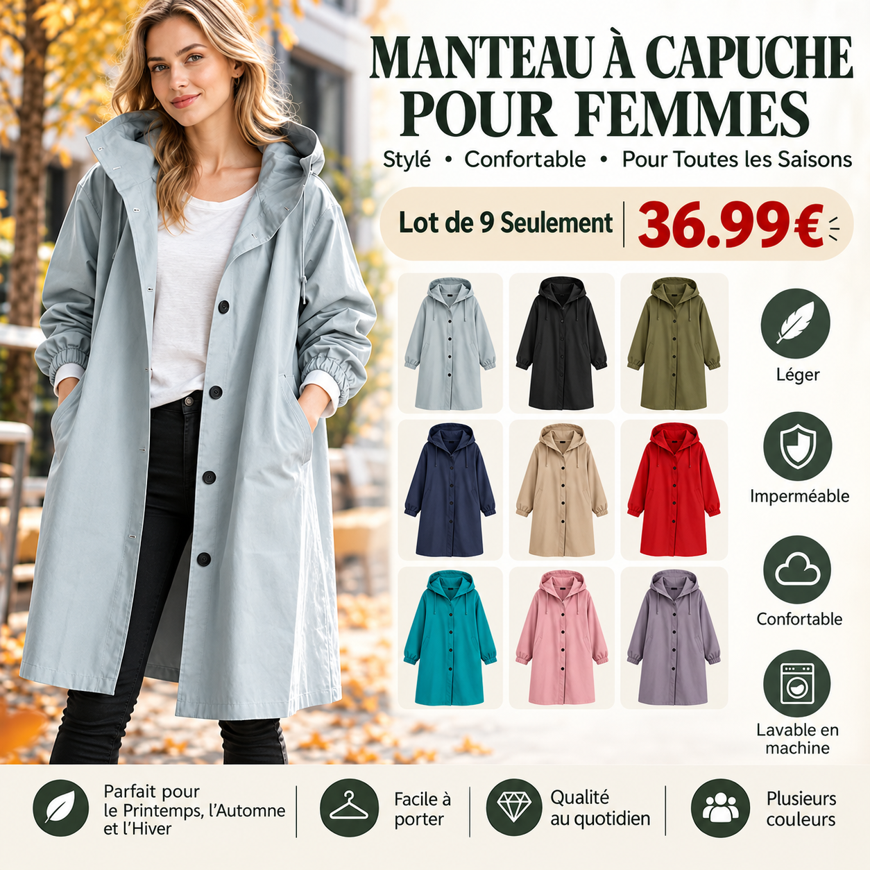 ⏰Vente de déstockage⚡Lot de 9 à 36,99 €⚡Veste longue légère à capuche pour femme – Manteau décontracté à capuche avec poches