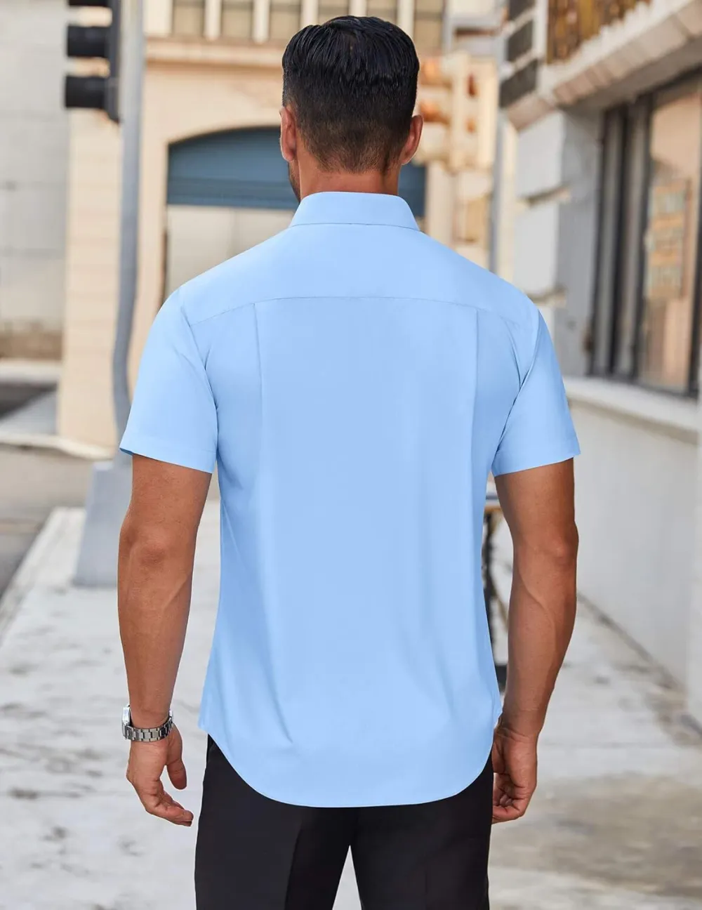 Chemise habillée à manches courtes pour homme – Sans repassage, décontractée, boutonnée, idéale à porter hors du pantalon pour l’été