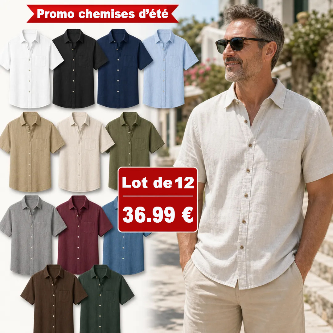 ⏰ Lot de 12 pour 36,99 $ ⚡ Chemise légère à manches courtes en mélange de lin pour homme