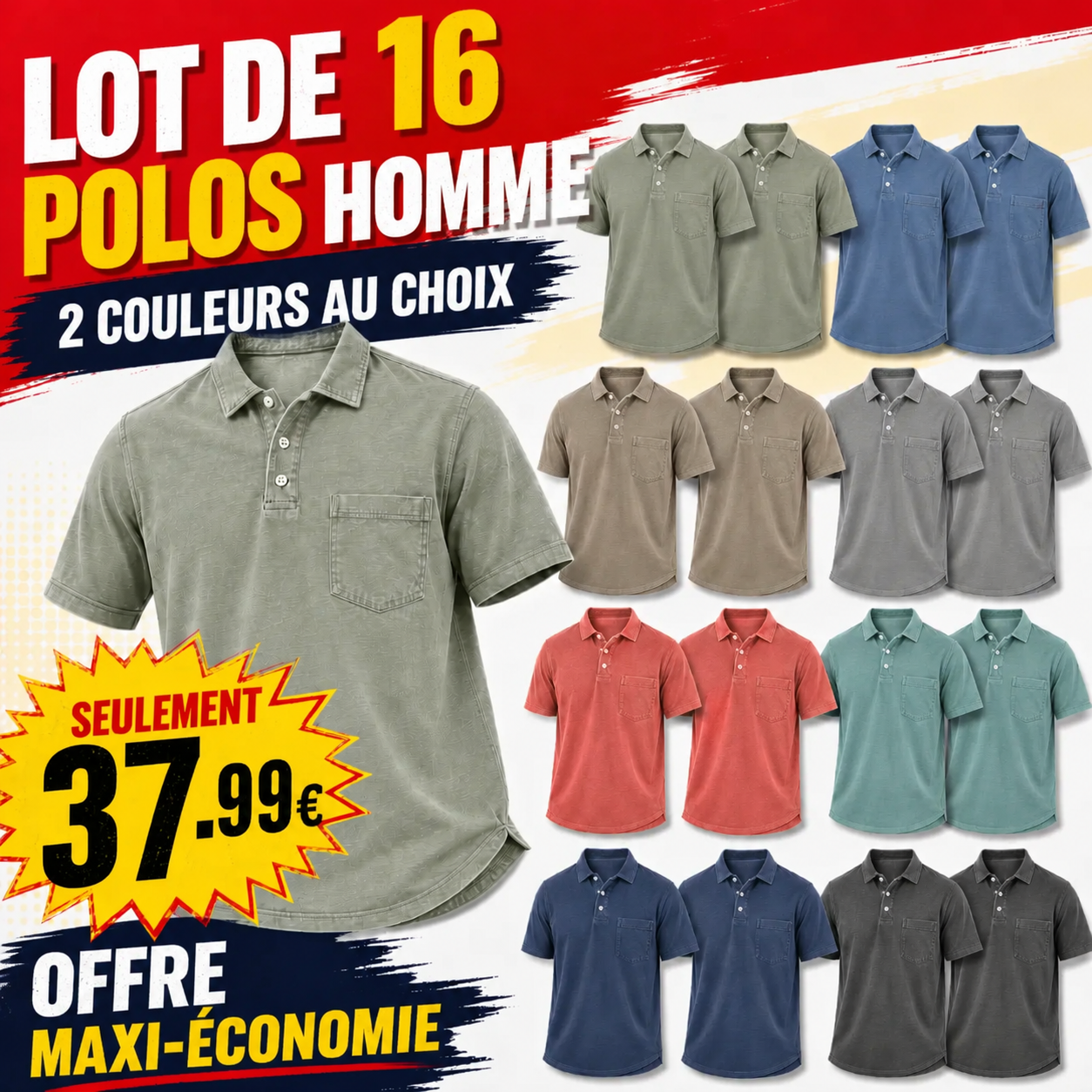 Offre limitée : Lot de 16 polos homme à 37,99 € - Coton lavé, léger, respirant et coupe décontractée à 3 boutons