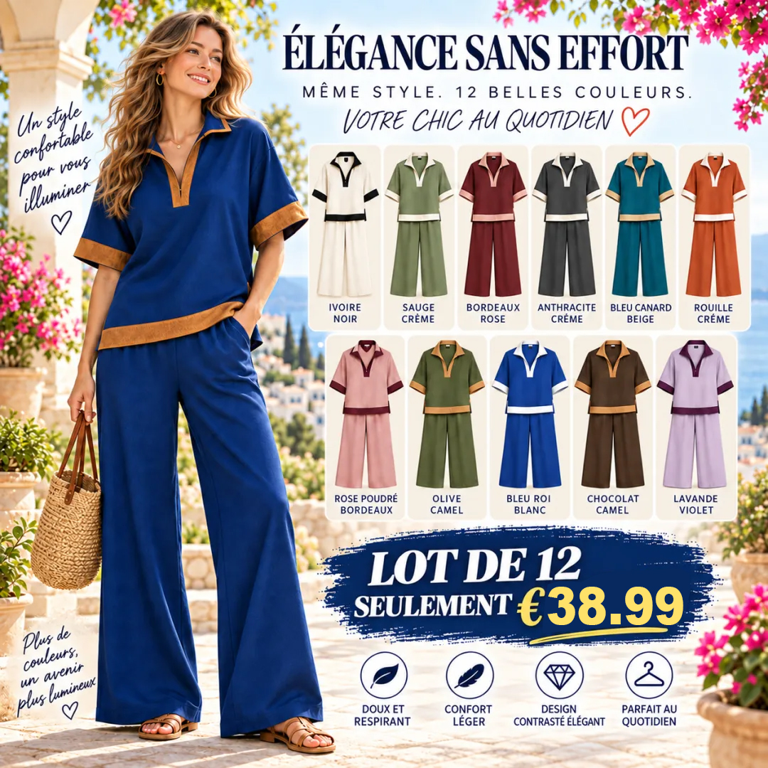 ⏰DÉSTOCKAGE FINAL⚡Lot de 12 à seulement 36,99 €⚡Ensemble femme avec haut à col fendu contrasté et pantalon large