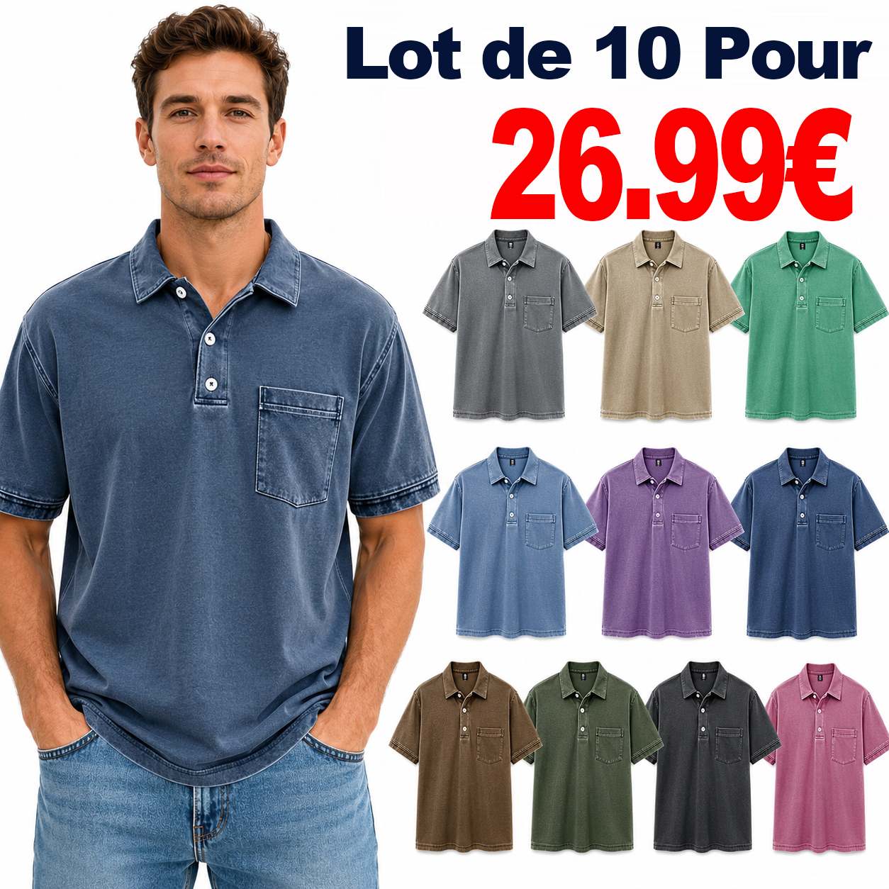 ✨VENTE FINALE✨ 10 pièces à seulement 26,99 € ✨ – Polo homme rétro délavé à col revers avec poche et manches courtes