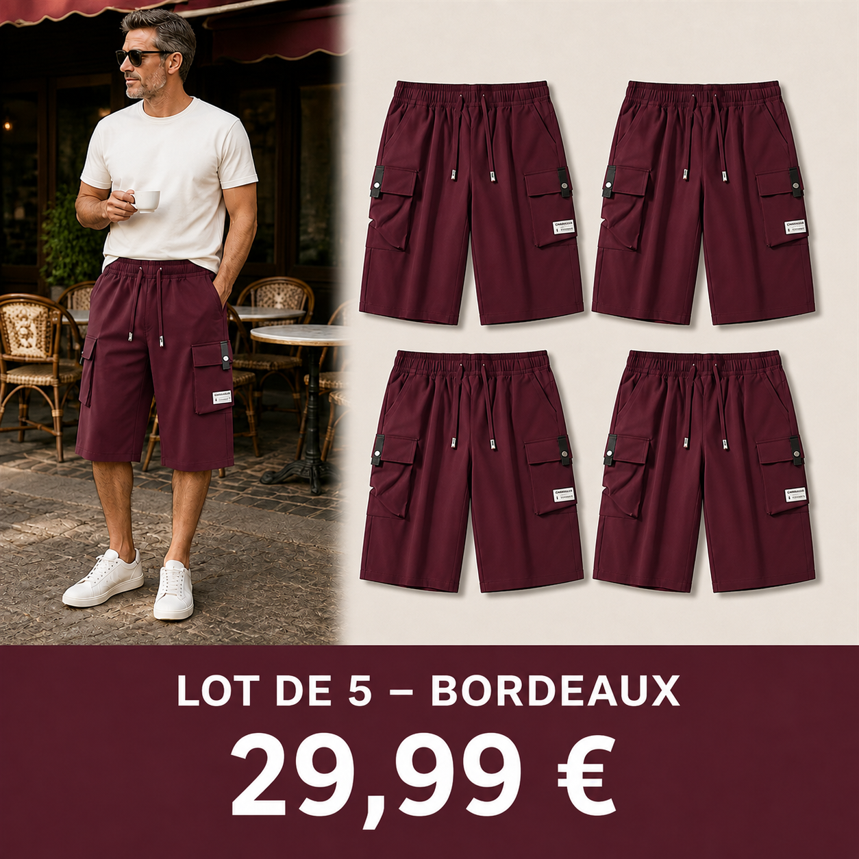 OFFRE FINALE - Lot de 10 a seulement 39,99 € - Pantacourt cargo homme a taille elastiquee et cordon