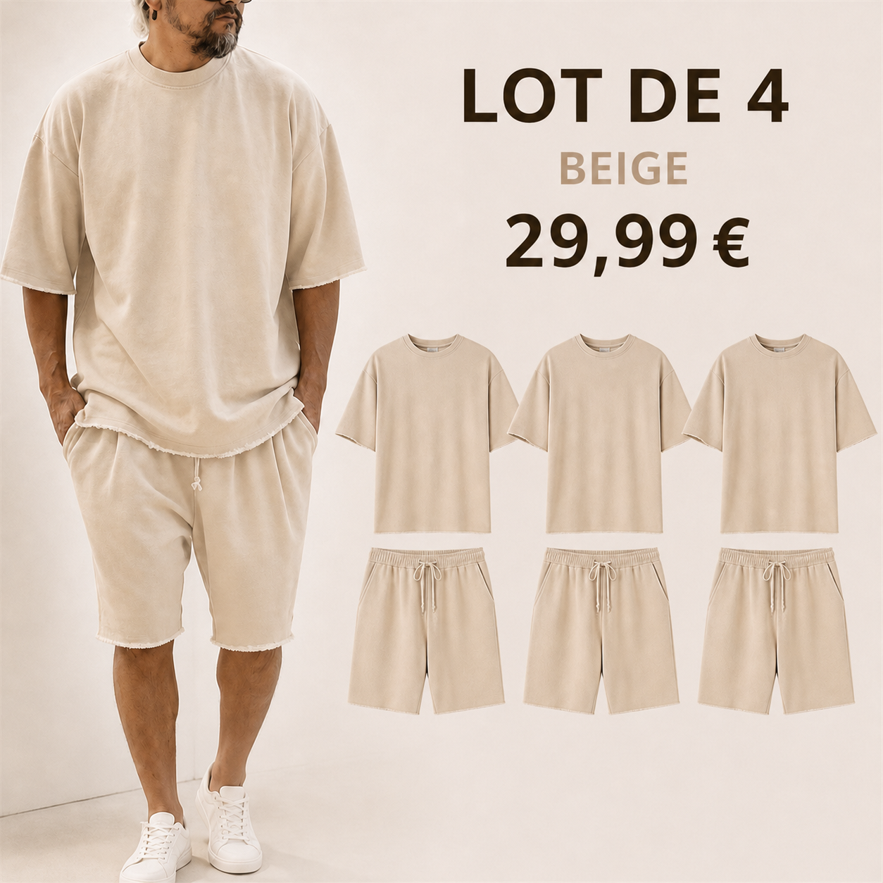 OFFRE FINALE - Lot de 8 a seulement 39,99 € - Ensemble homme avec t-shirt ample et short a cordon aux bords francs