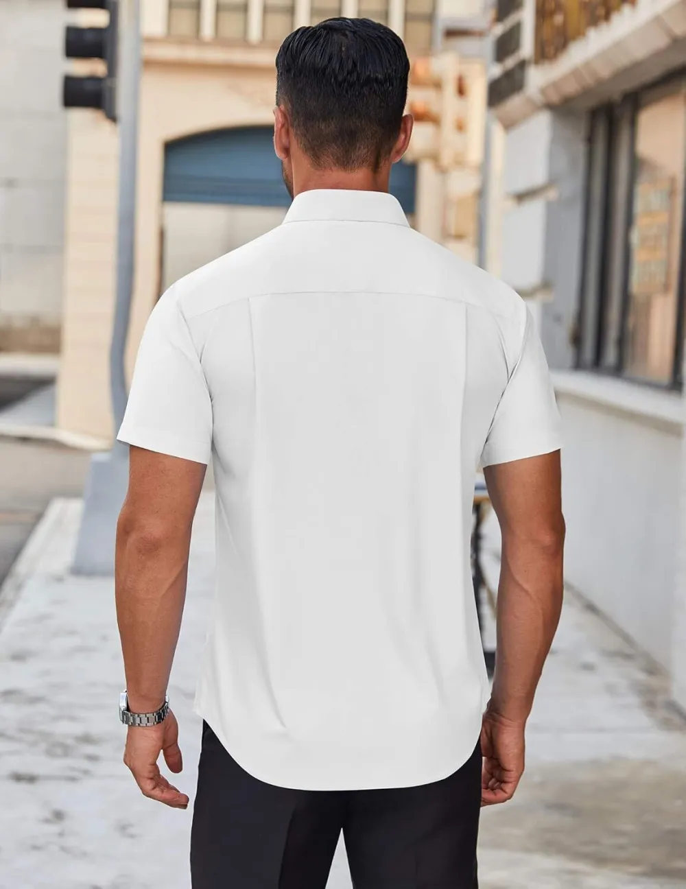 Chemise habillée à manches courtes pour homme – Sans repassage, décontractée, boutonnée, idéale à porter hors du pantalon pour l’été