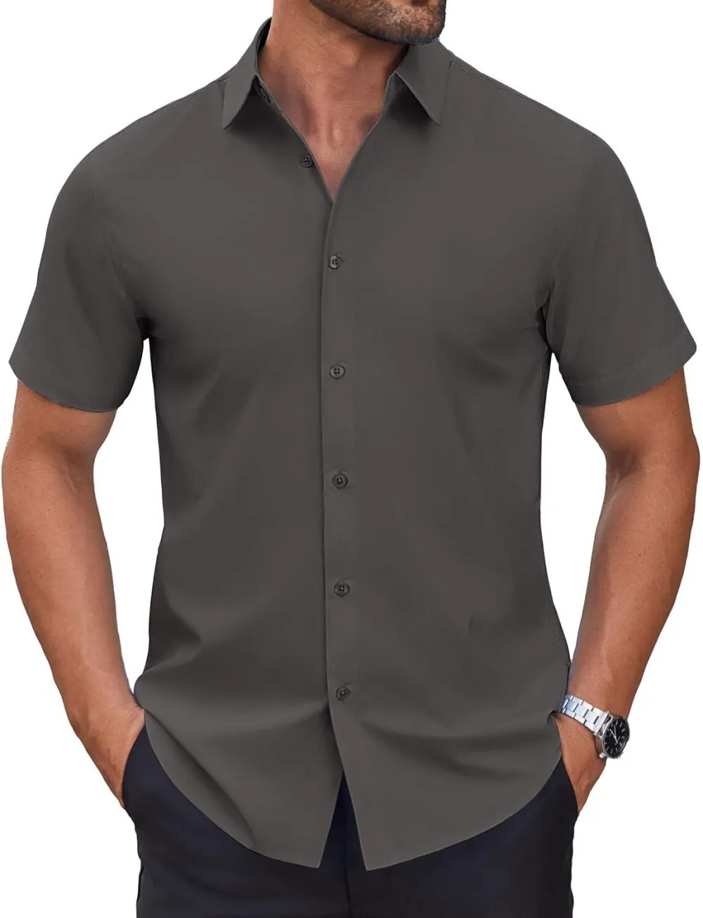 Chemise habillée à manches courtes pour homme – Sans repassage, décontractée, boutonnée, idéale à porter hors du pantalon pour l’été