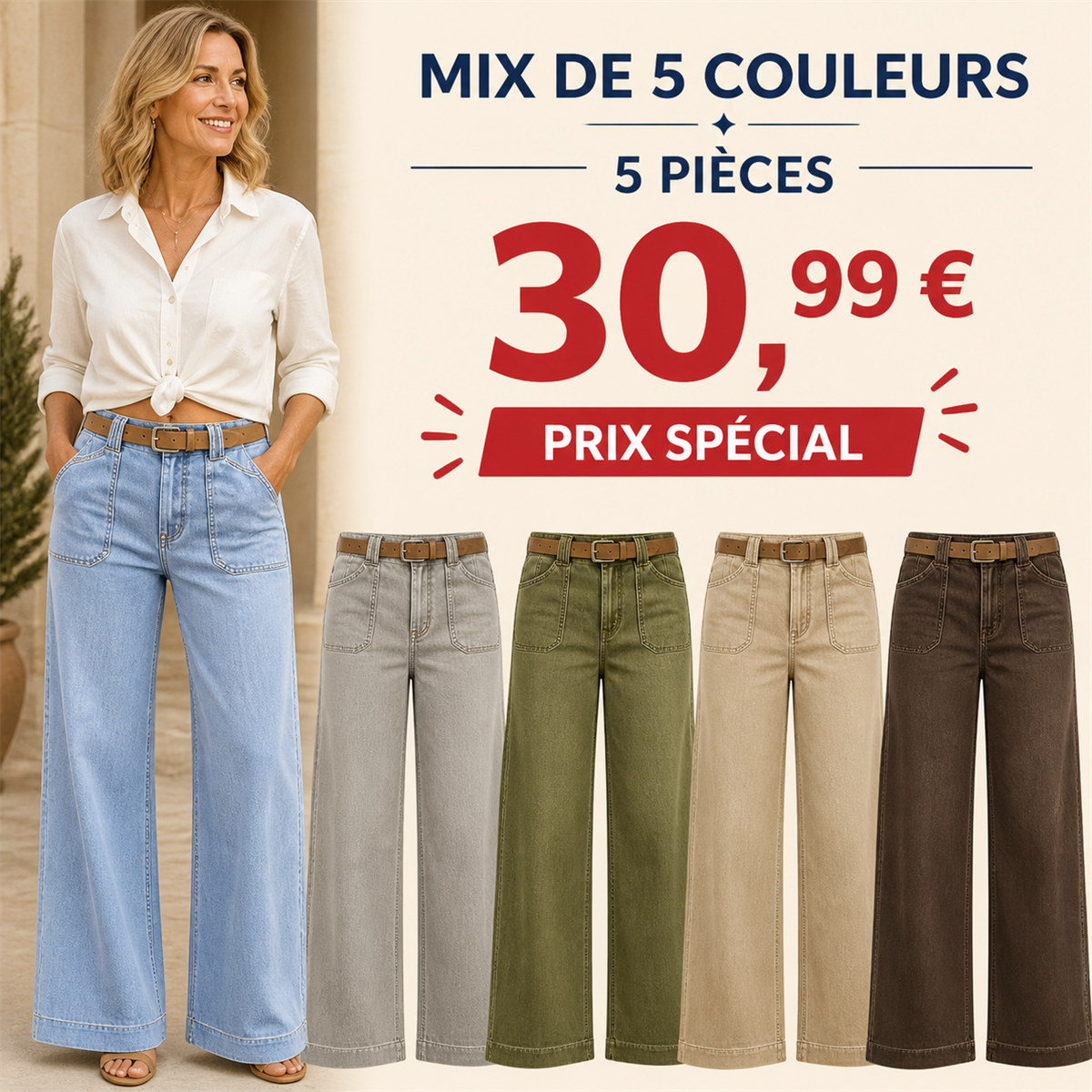 Offre en lot - Jean large femme à poches plaquées et coupe décontractée