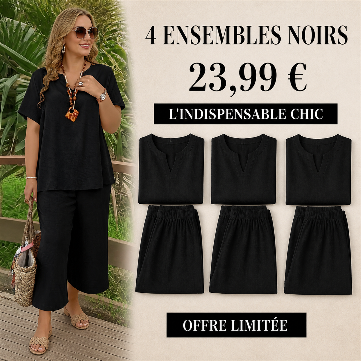 Offre en lot - Ensemble femme 2 pièces décontracté avec haut ample et pantalon court large