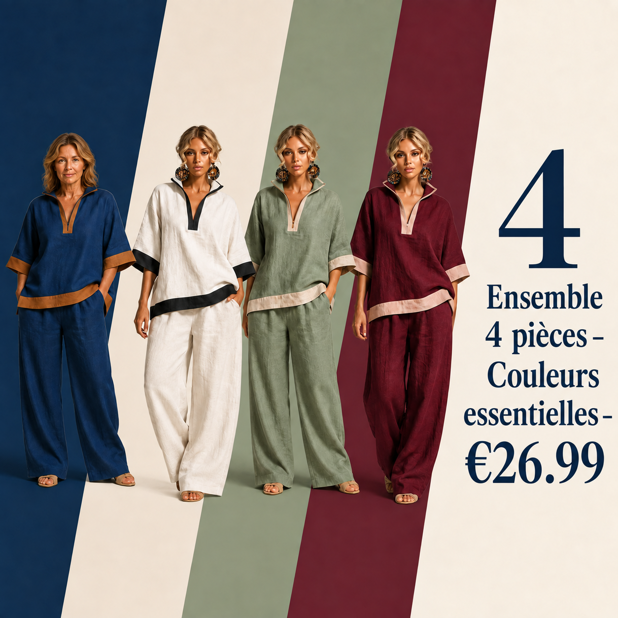 DÉSTOCKAGE FINAL – Lot de 12 à seulement 36,99 € – Ensemble femme avec haut à col fendu contrasté et pantalon large - 4 pièces – Couleurs week-end – 26,99 €