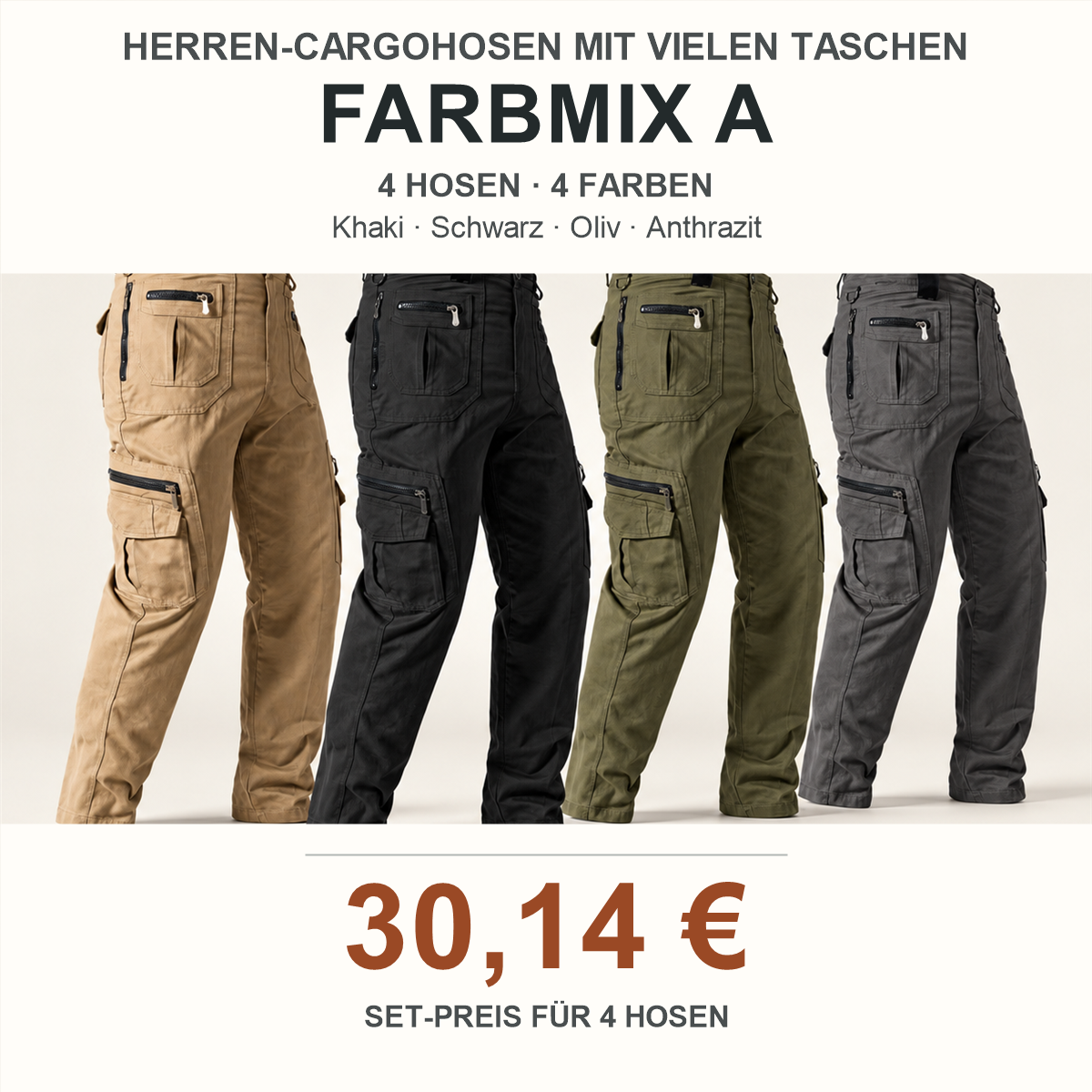 Herren-Cargohose mit vielen Taschen – Set - 4-teiliges Farbset A: Khaki / Schwarz / Oliv / Anthrazit
