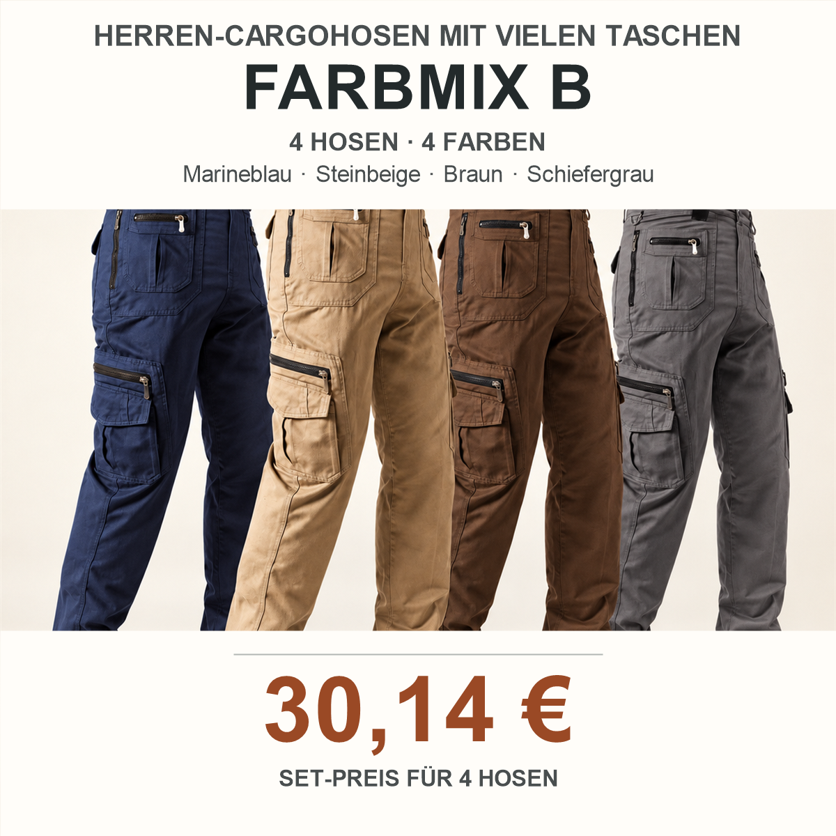 Herren-Cargohose mit vielen Taschen – Set - 4-teiliges Farbset B: Marineblau / Stein / Braun / Schiefer
