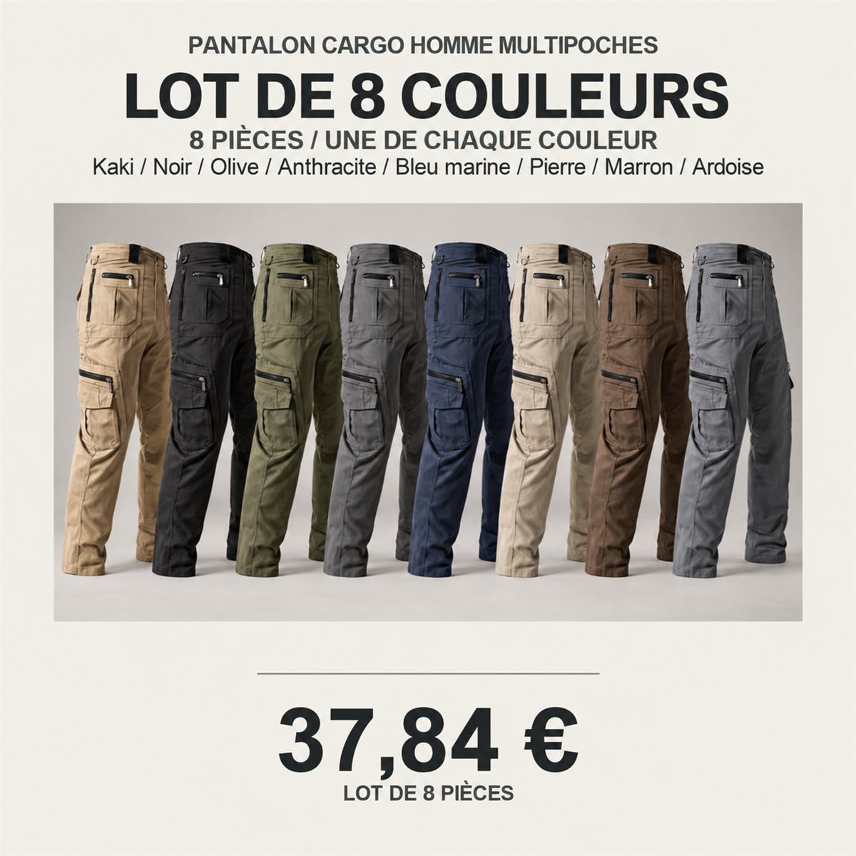 Pantalon cargo homme multipoches – lot - Lot de 8 pièces, toutes les couleurs