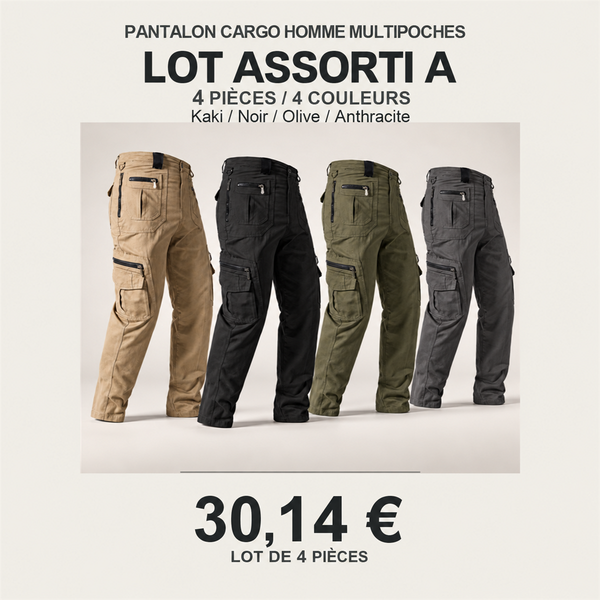 Pantalon cargo homme multipoches – lot - Lot de 4 pièces, assortiment A: Kaki / Noir / Olive / Anthracite