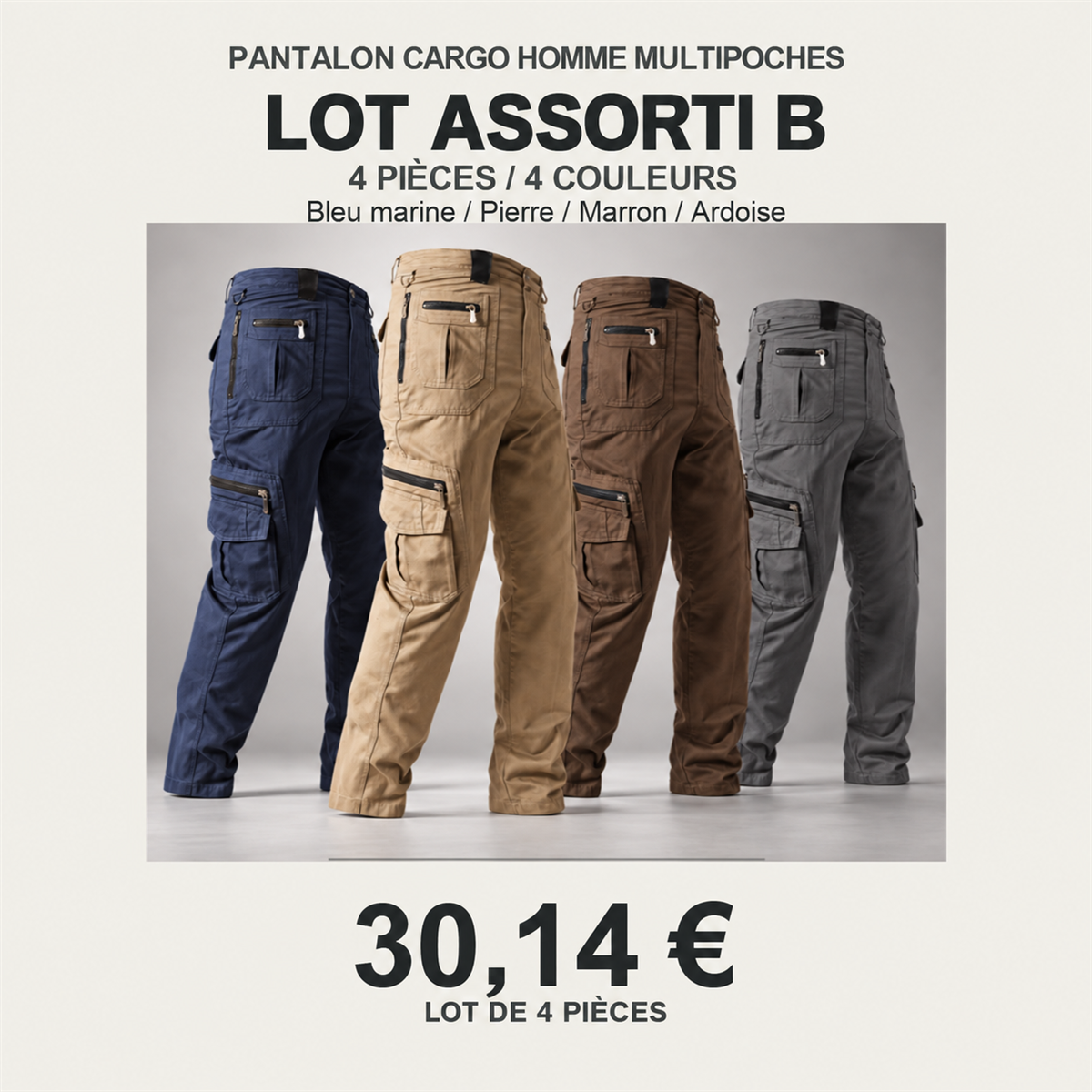 Pantalon cargo homme multipoches – lot - Lot de 4 pièces, assortiment B: Bleu marine / Pierre / Marron / Ardoise