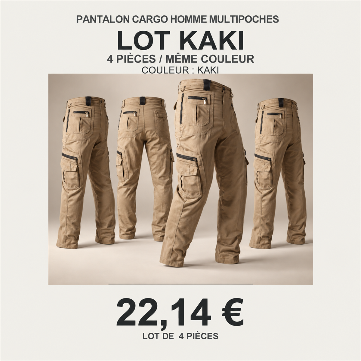 Pantalon cargo homme multipoches – lot - Kaki 鈥?Lot de 4 pièces