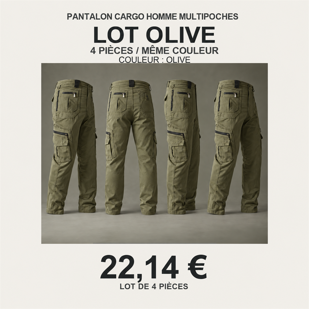 Pantalon cargo homme multipoches – lot - Olive 鈥?Lot de 4 pièces