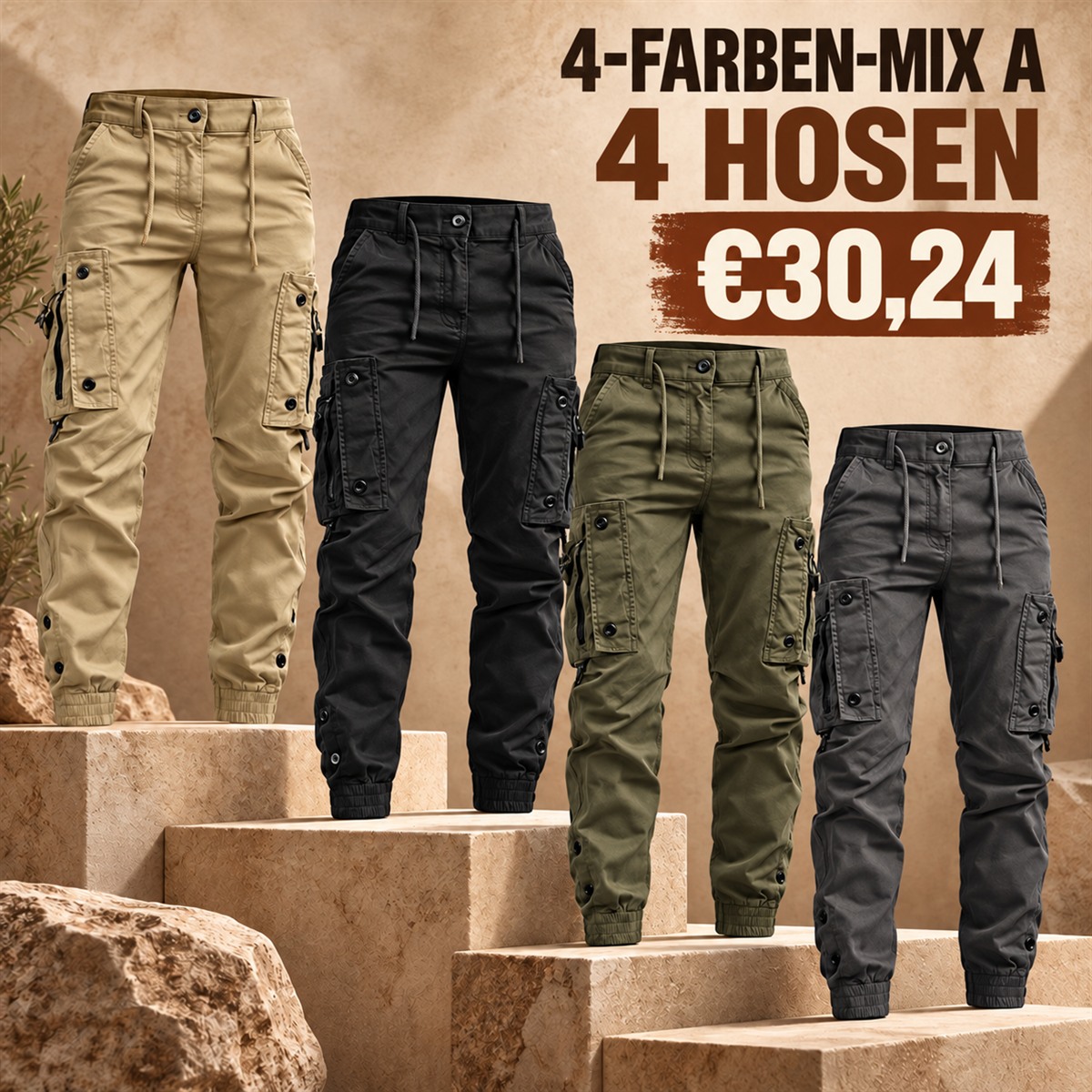 Herren-Cargo-Jogginghose mit Kordelzug – Set - 4-teiliges Farbset A: Khaki / Schwarz / Oliv / Anthrazit