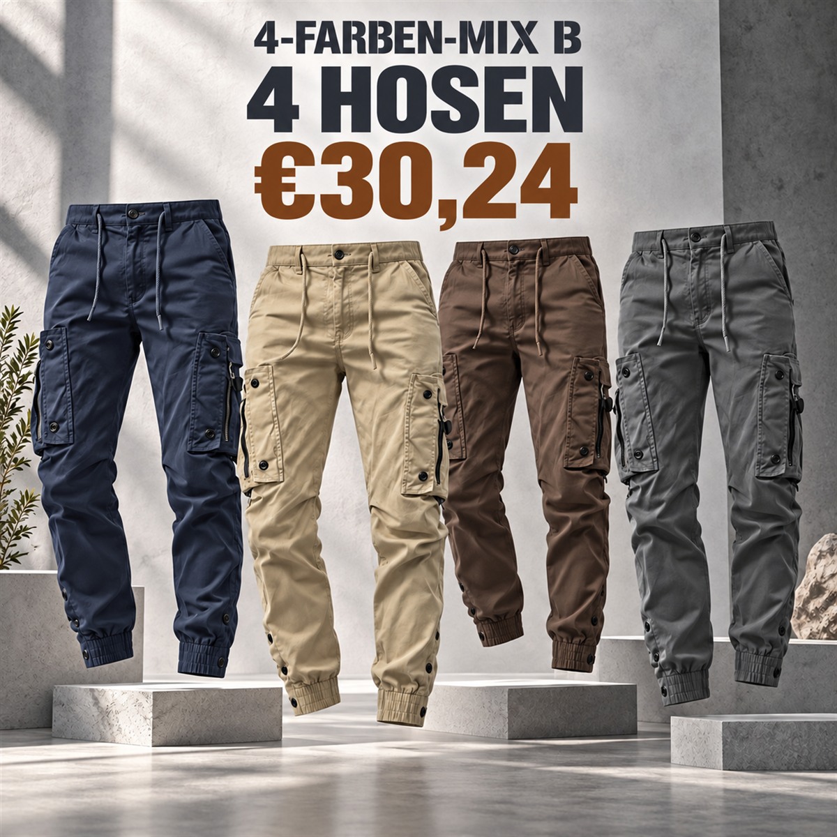 Herren-Cargo-Jogginghose mit Kordelzug – Set - 4-teiliges Farbset B: Marineblau / Stein / Braun / Schiefer