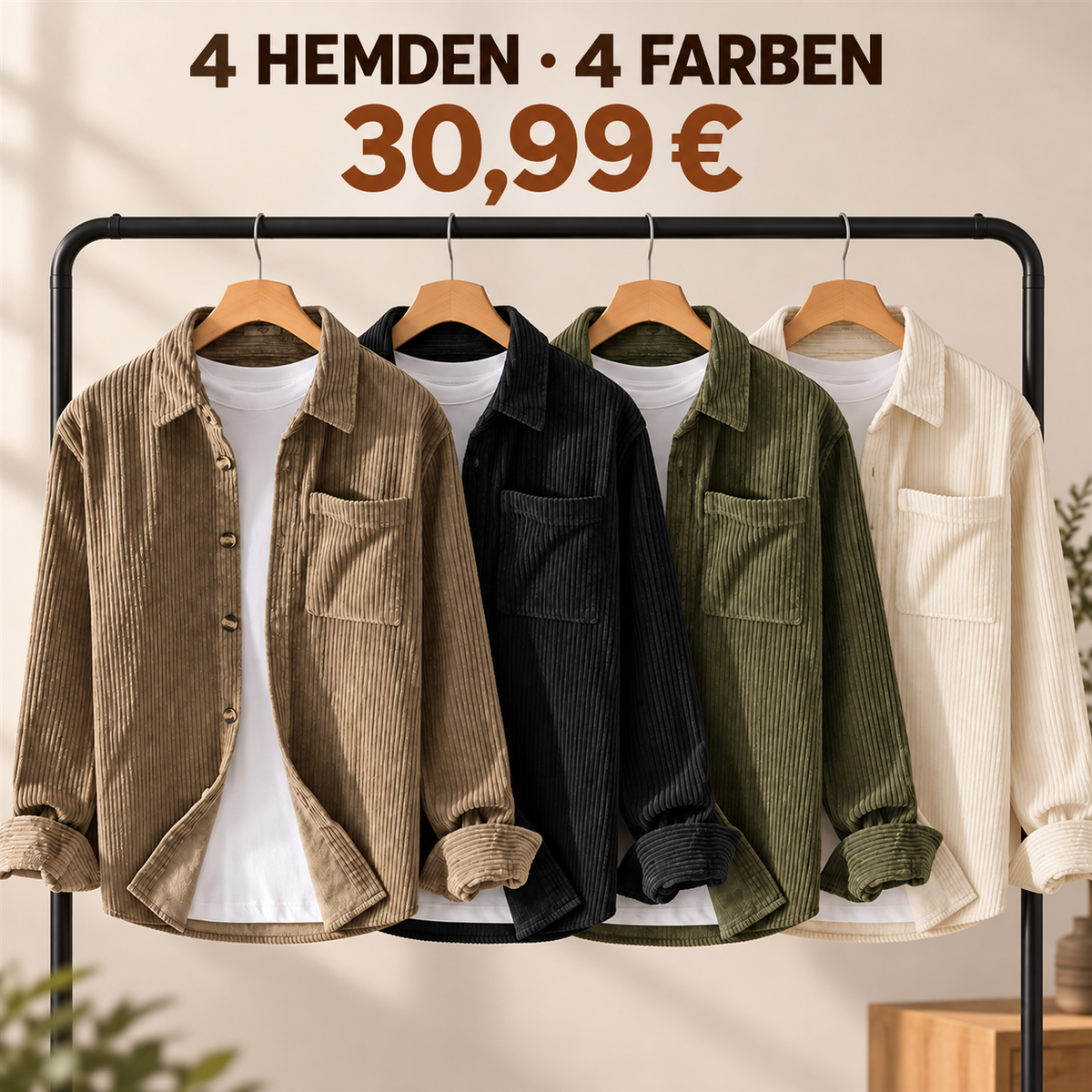 Herren-Overshirt mit Rippenstruktur – Set - 4-teiliges Farbset A: Taupe / Schwarz / Oliv / Creme