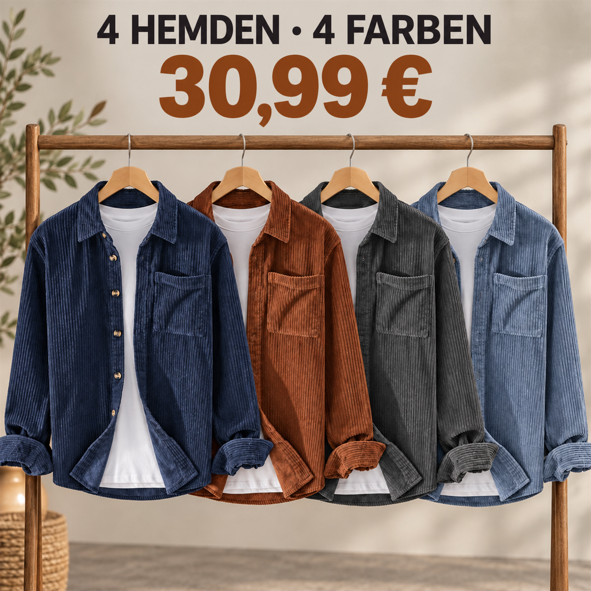 Herren-Overshirt mit Rippenstruktur – Set - 4-teiliges Farbset B: Marineblau / Rostrot / Anthrazit / Schieferblau