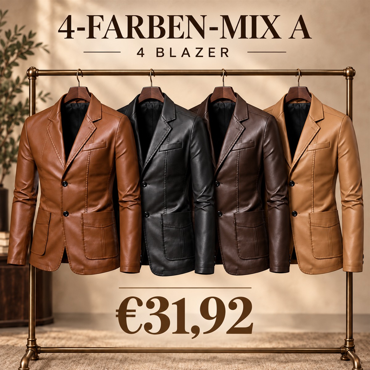 Herren-Blazer in Lederoptik mit fallendem Revers – Set - 4-teiliges Farbset A: Cognac / Schwarz / Espressobraun / Hellbraun