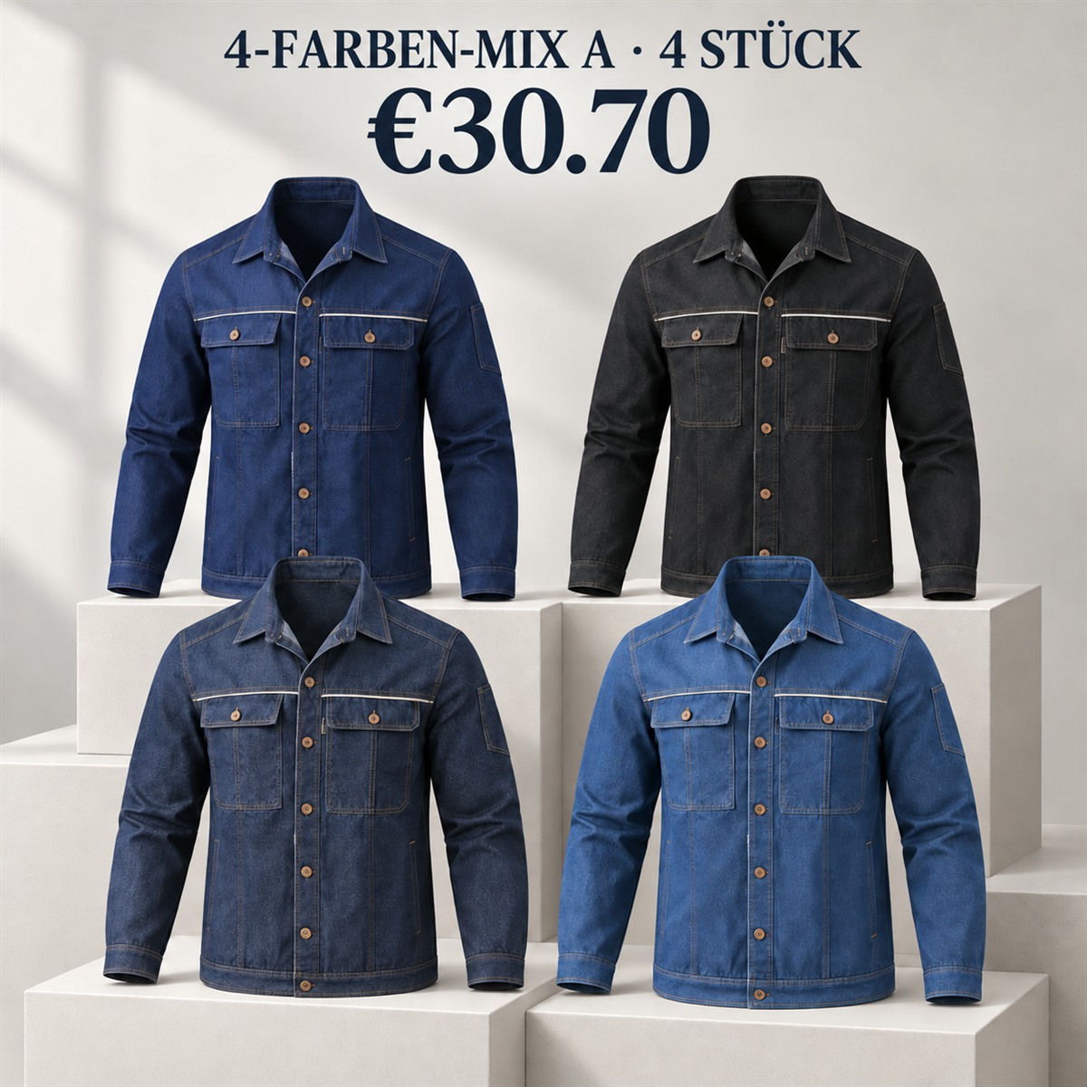 Herren-Jacke mit Kragen und Knopfleiste – Set - 4-teiliges Farbset A: Marineblau / Schwarz / Dunkler Denim / Mittlerer Denim