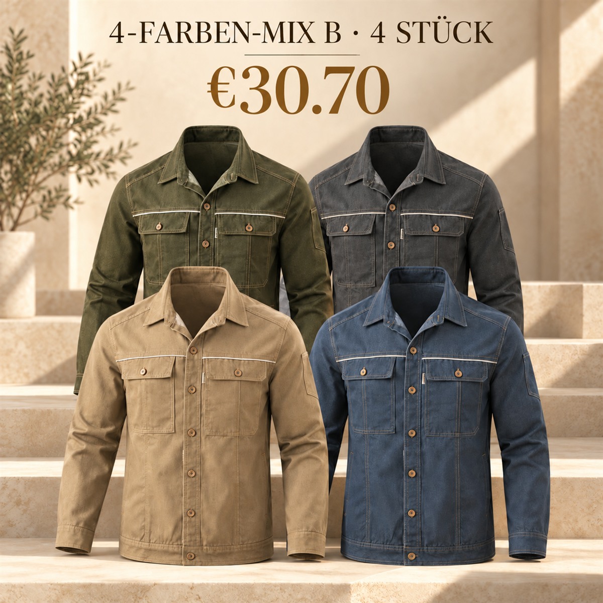 Herren-Jacke mit Kragen und Knopfleiste – Set - 4-teiliges Farbset B: Oliv / Anthrazit / Khaki / Schiefer