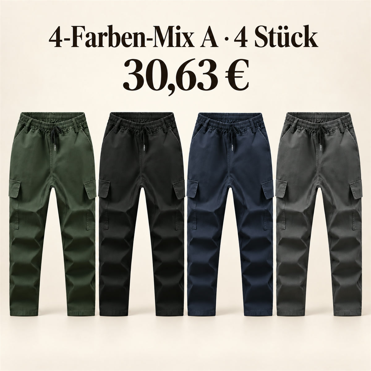Herren-Cargohose mit elastischem Bund – Set - 4-teiliges Farbset A: Dunkelgrün / Schwarz / Marineblau / Anthrazit