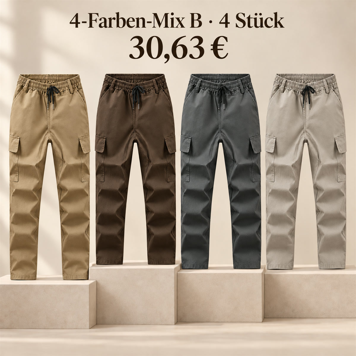 Herren-Cargohose mit elastischem Bund – Set - 4-teiliges Farbset B: Khaki / Braun / Schiefer / Stein