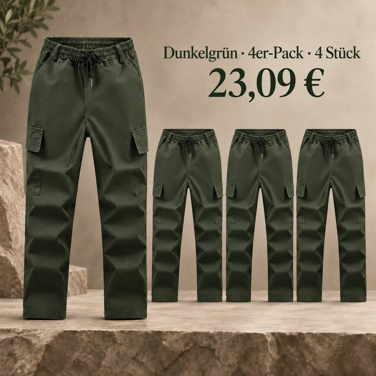 Herren-Cargohose mit elastischem Bund – Set - Dunkelgrün 鈥?4-teiliges Set