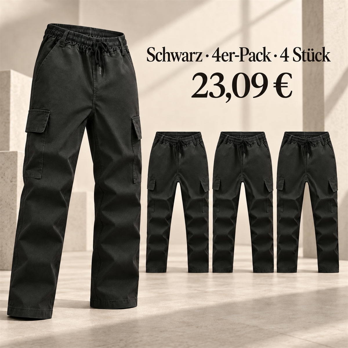 Herren-Cargohose mit elastischem Bund – Set - Schwarz 鈥?4-teiliges Set