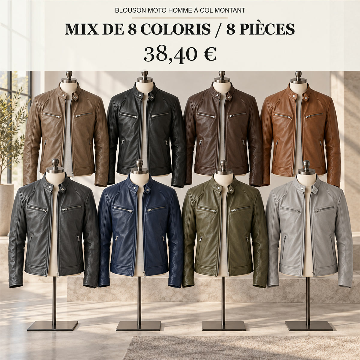 Veste moto homme à col montant – lot - Lot de 8 pièces, toutes les couleurs