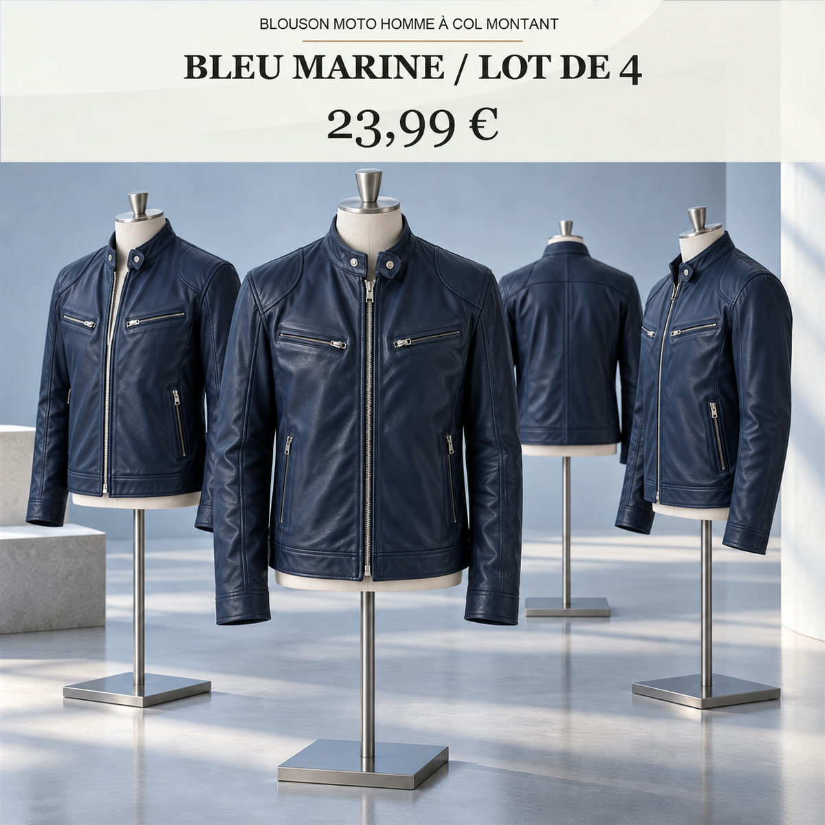Veste moto homme à col montant – lot - Bleu marine 鈥?Lot de 4 pièces
