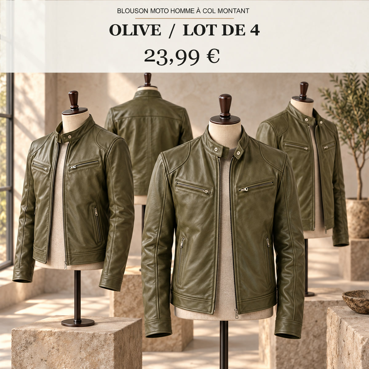 Veste moto homme à col montant – lot - Olive 鈥?Lot de 4 pièces