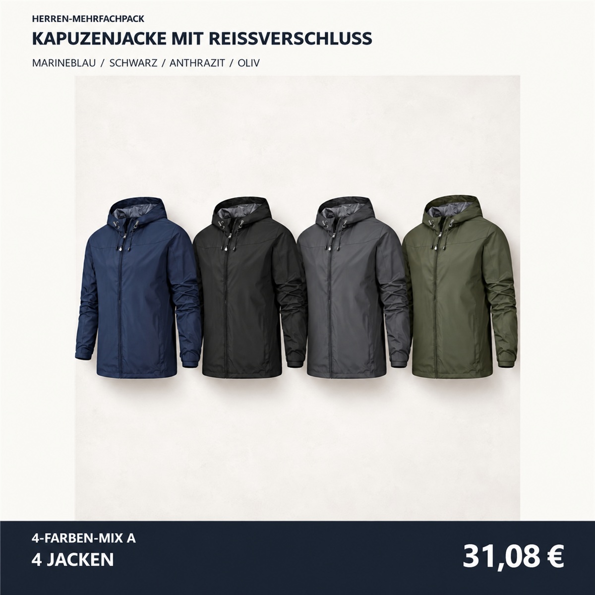 Herren-Kapuzenjacke mit Frontreißverschluss – Set - 4-teiliges Farbset A: Marineblau / Schwarz / Anthrazit / Oliv